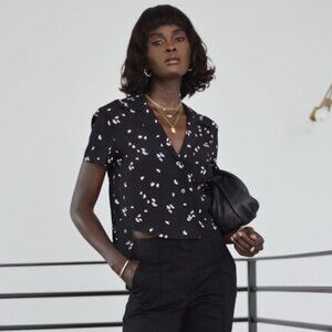 Thakoon Shirt Button Down Cropped Short Sleeve BP Black Daisy Blouse Casual